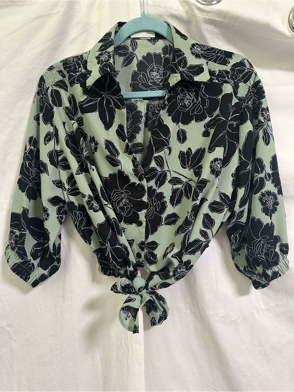 Q2 Sage Green and Black Floral Tie-Front Button Down Crop Tops